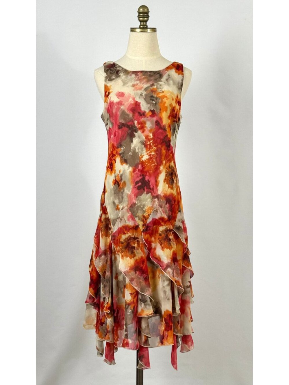 Pink Orange Chiffon Floral Watercolor Bias Fairy Dress Asymmetrical Ruffles Y2K
